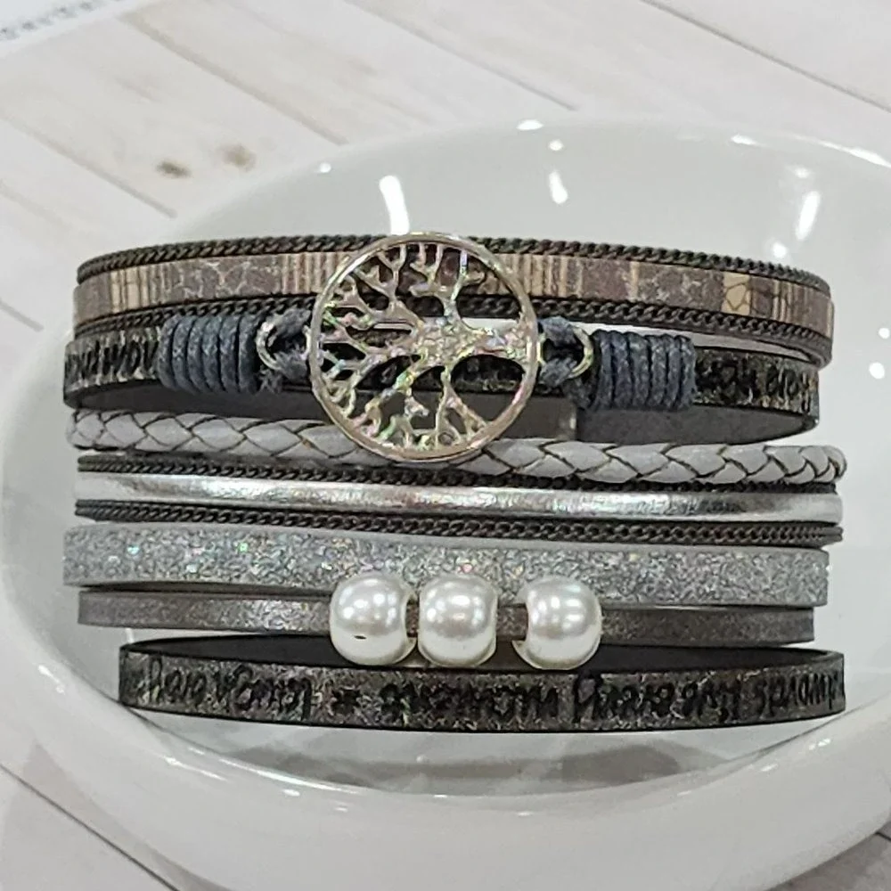 Multilayer Leather‎ Bangle Magnetic Clasp Bracelet for Men or Women 7.5in Silver